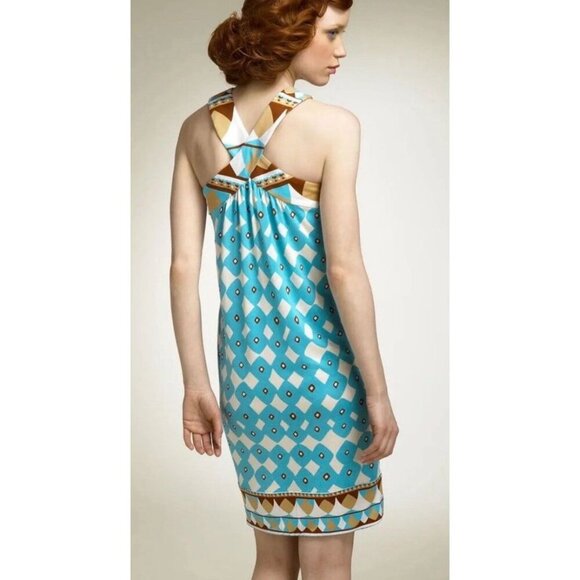 Diane Von Furstenberg Banner Dress Rhombus Blue Brown Print Silk Mini NWT Size 4 - Picture 2 of 10